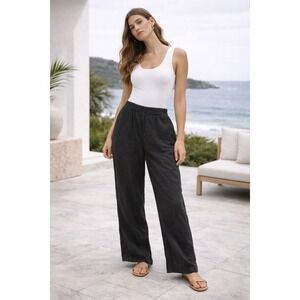 GAP Womens Black Linen Rayon Blend Wide Leg Drawstring‎ Pants Size M Relaxed Fit